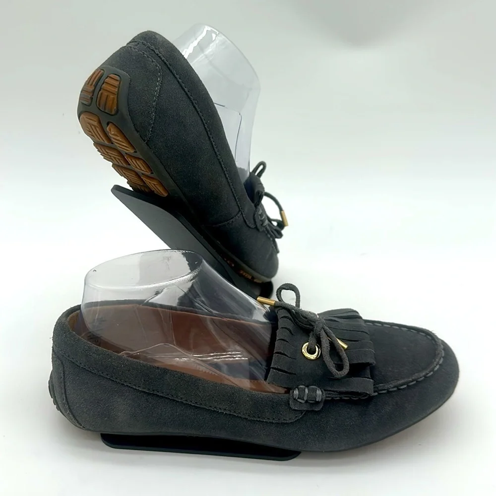 Lands End Women's Moccasin Gray Suede Fringe Slip On Loafers Size 7.0 B